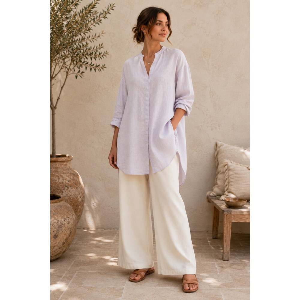 Eileen Fisher Organic Linen Tunic Shirt S Light Blush Lilac Mandarin Collar